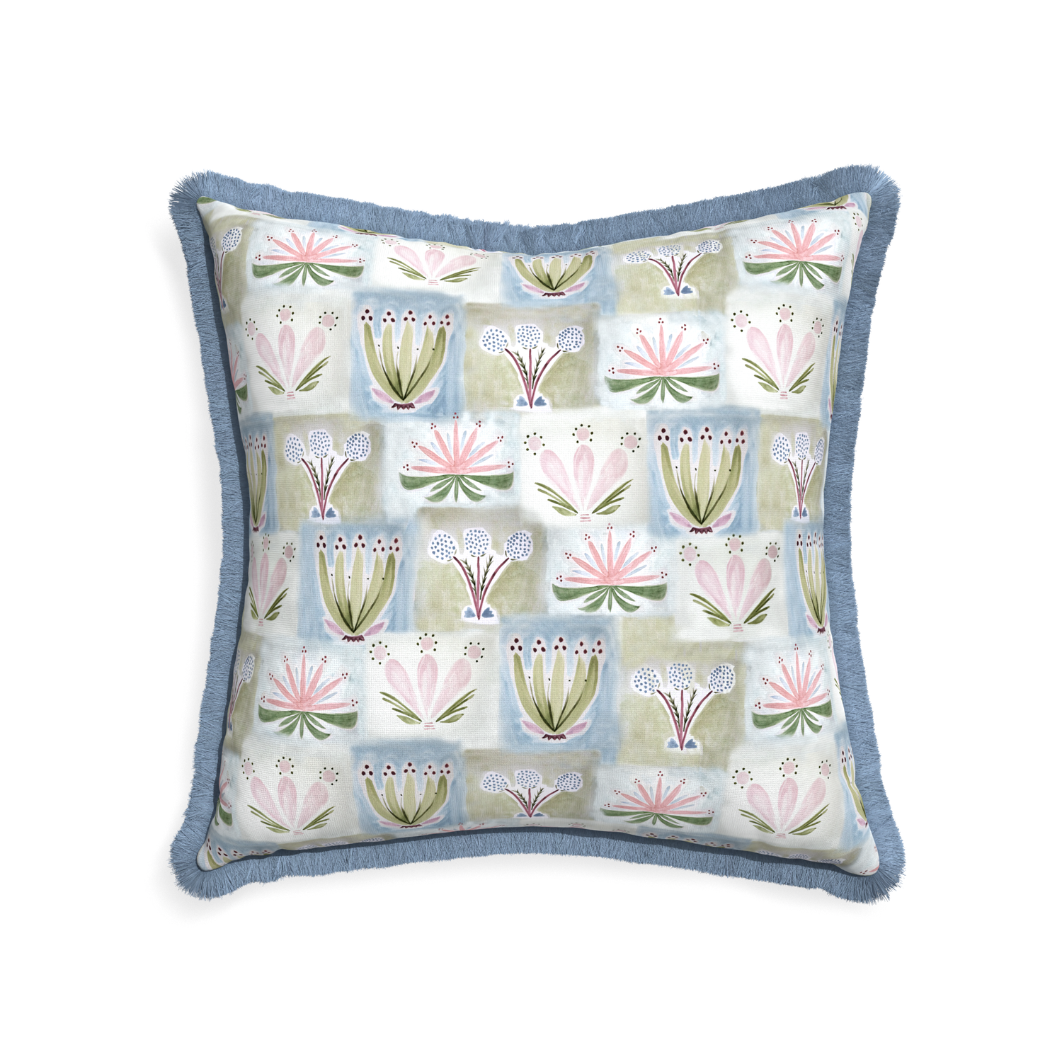 22-square harper custom hand-painted floralpillow with sky fringe on white background