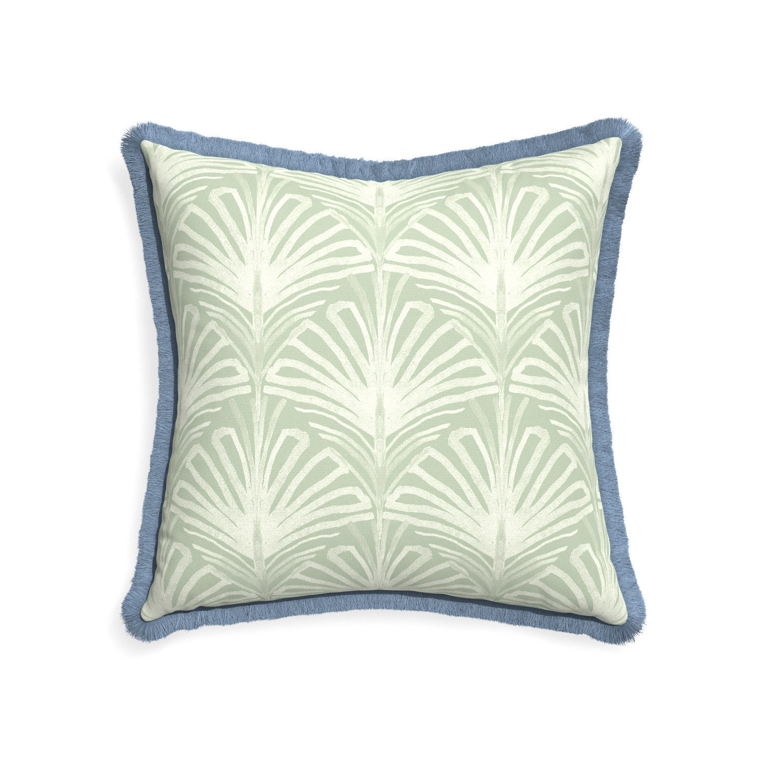 22-square suzy sage custom sage green palmpillow with sky fringe on white background