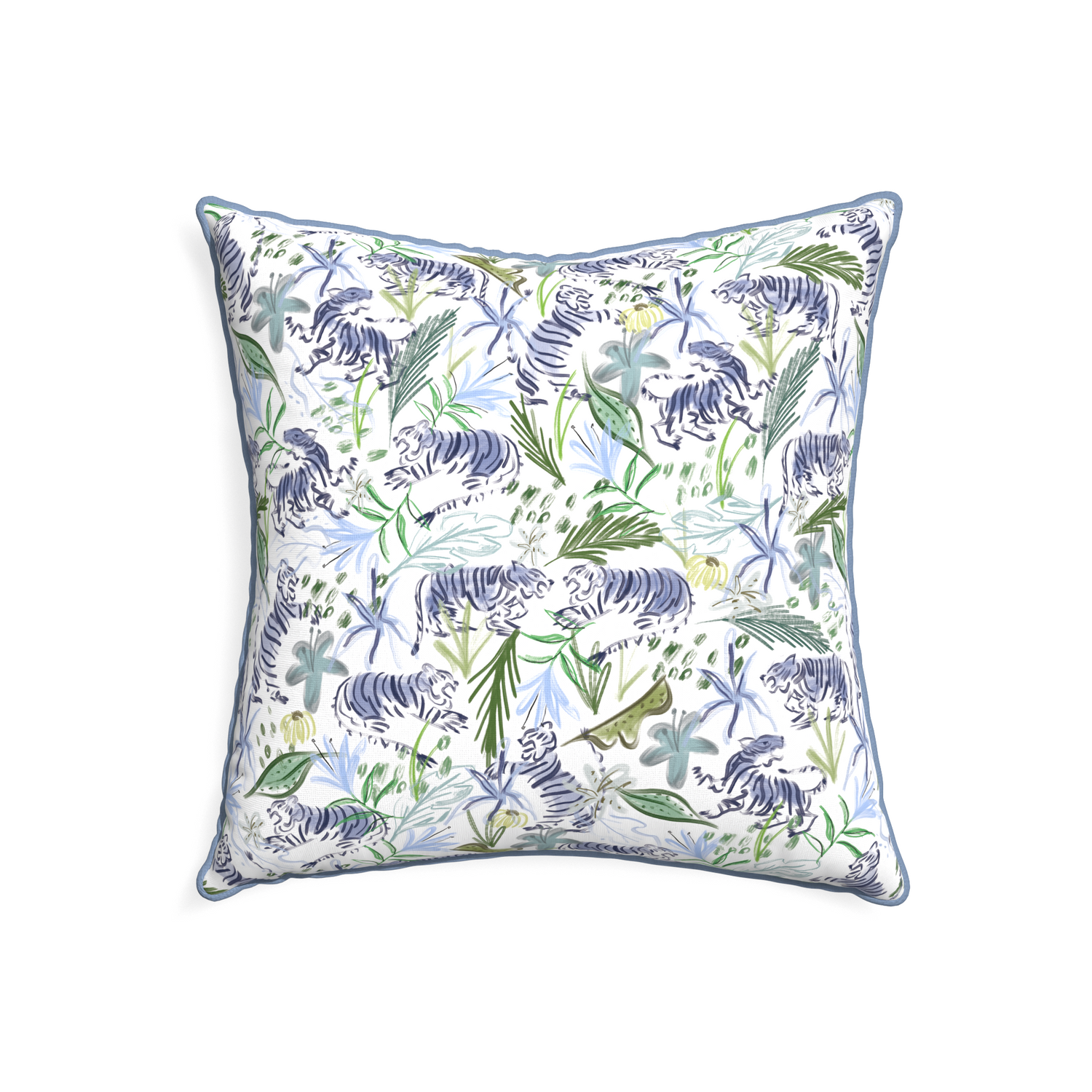 22-square frida green custom green tigerpillow with sky piping on white background