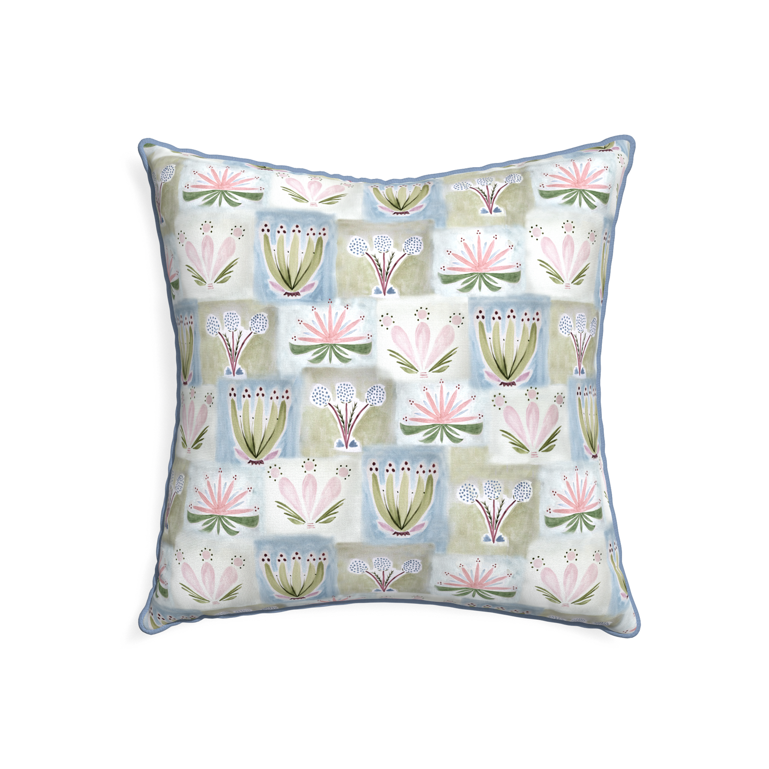 22-square harper custom hand-painted floralpillow with sky piping on white background