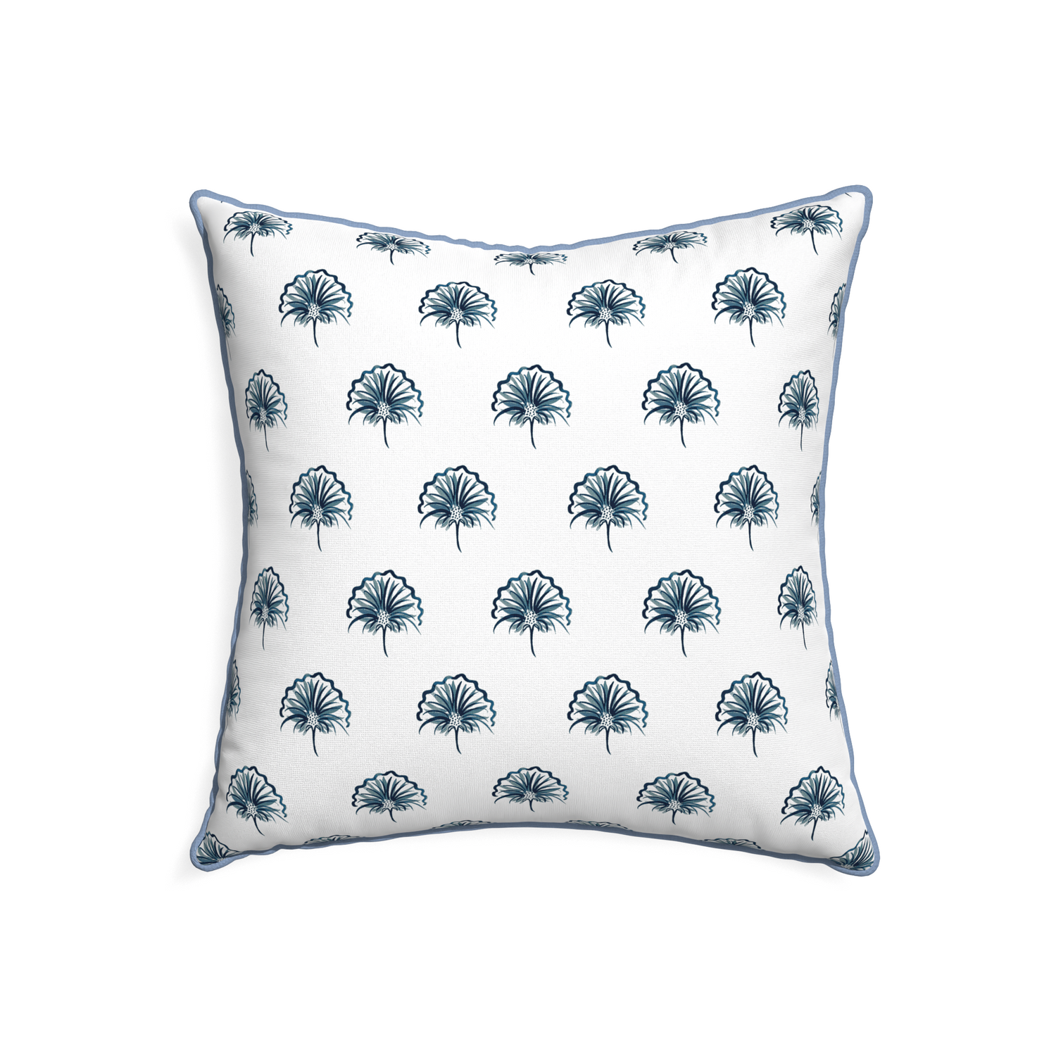 22-square penelope midnight custom floral navypillow with sky piping on white background