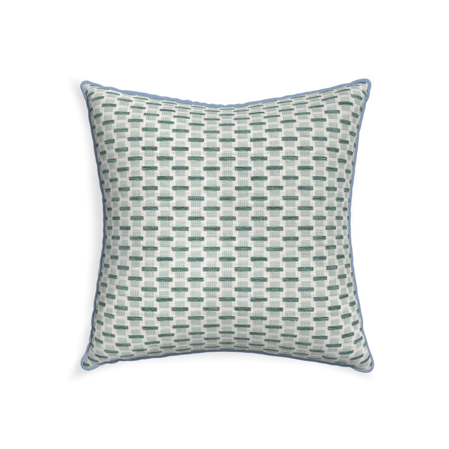 22-square willow mint custom green geometric chenillepillow with sky piping on white background