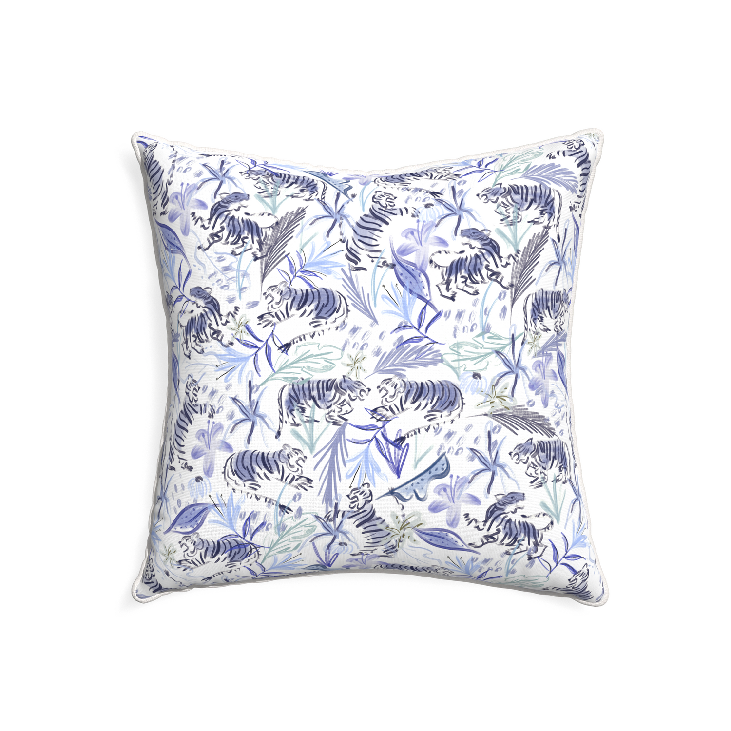 22-square frida blue custom blue with intricate tiger designpillow with snow piping on white background