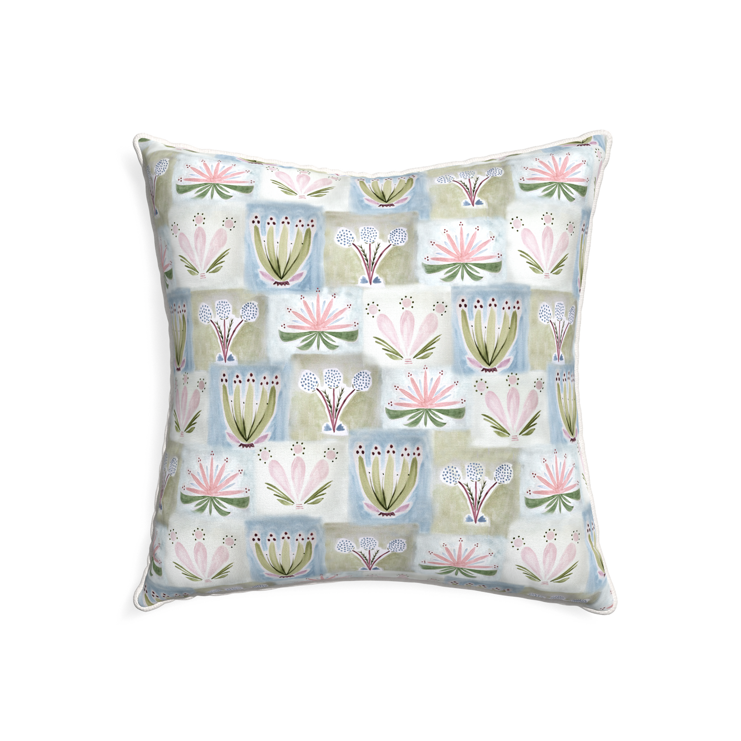 22-square harper custom hand-painted floralpillow with snow piping on white background