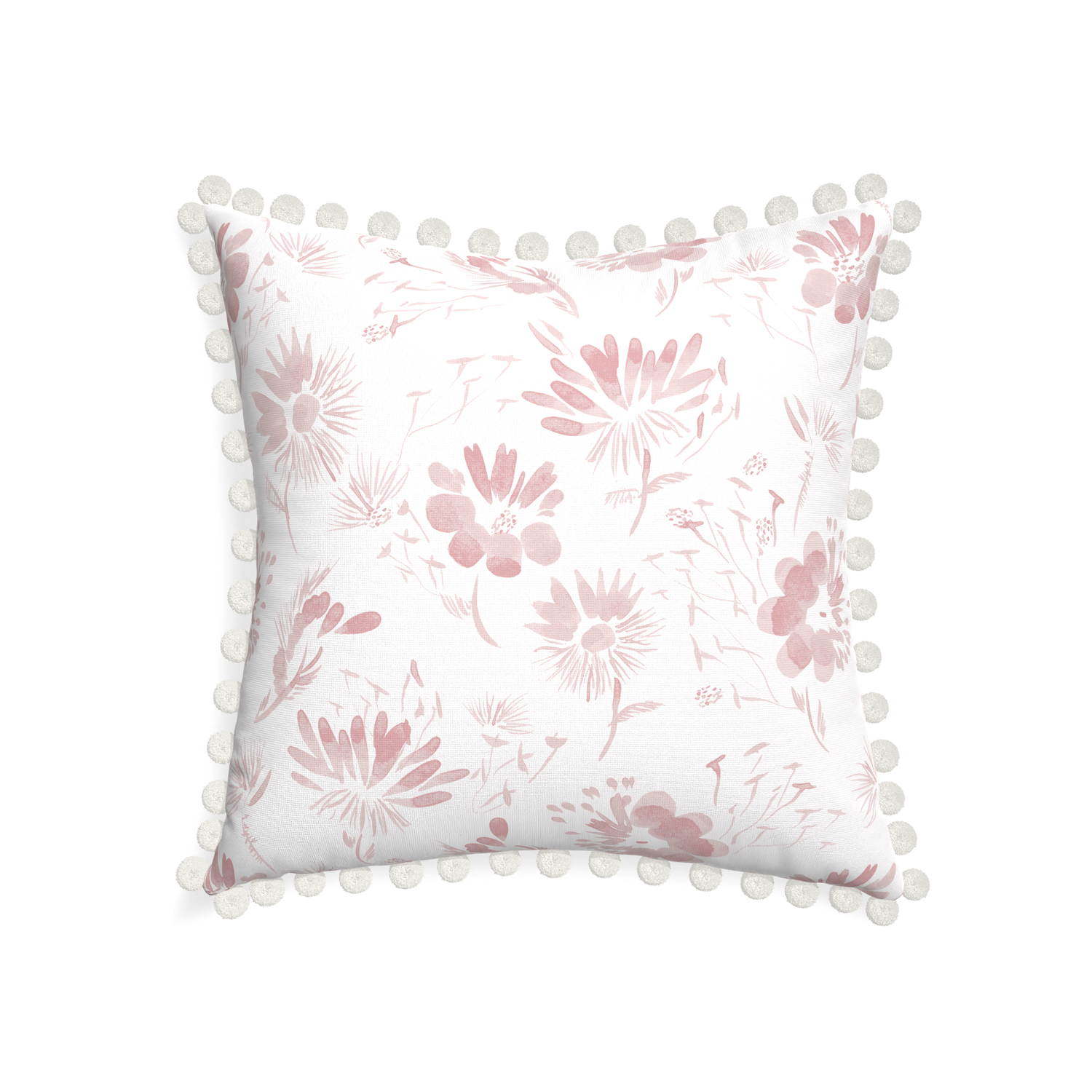 22-square blake custom pink floralpillow with snow pom pom on white background