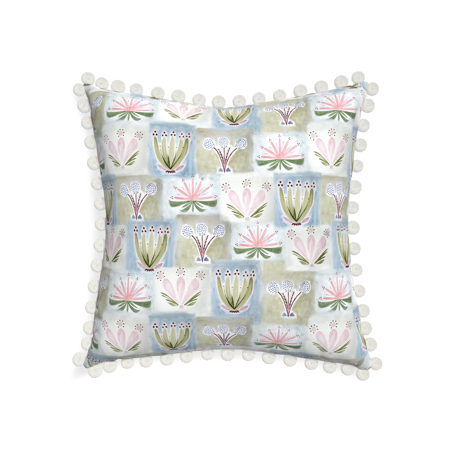22-square harper custom hand-painted floralpillow with snow pom pom on white background