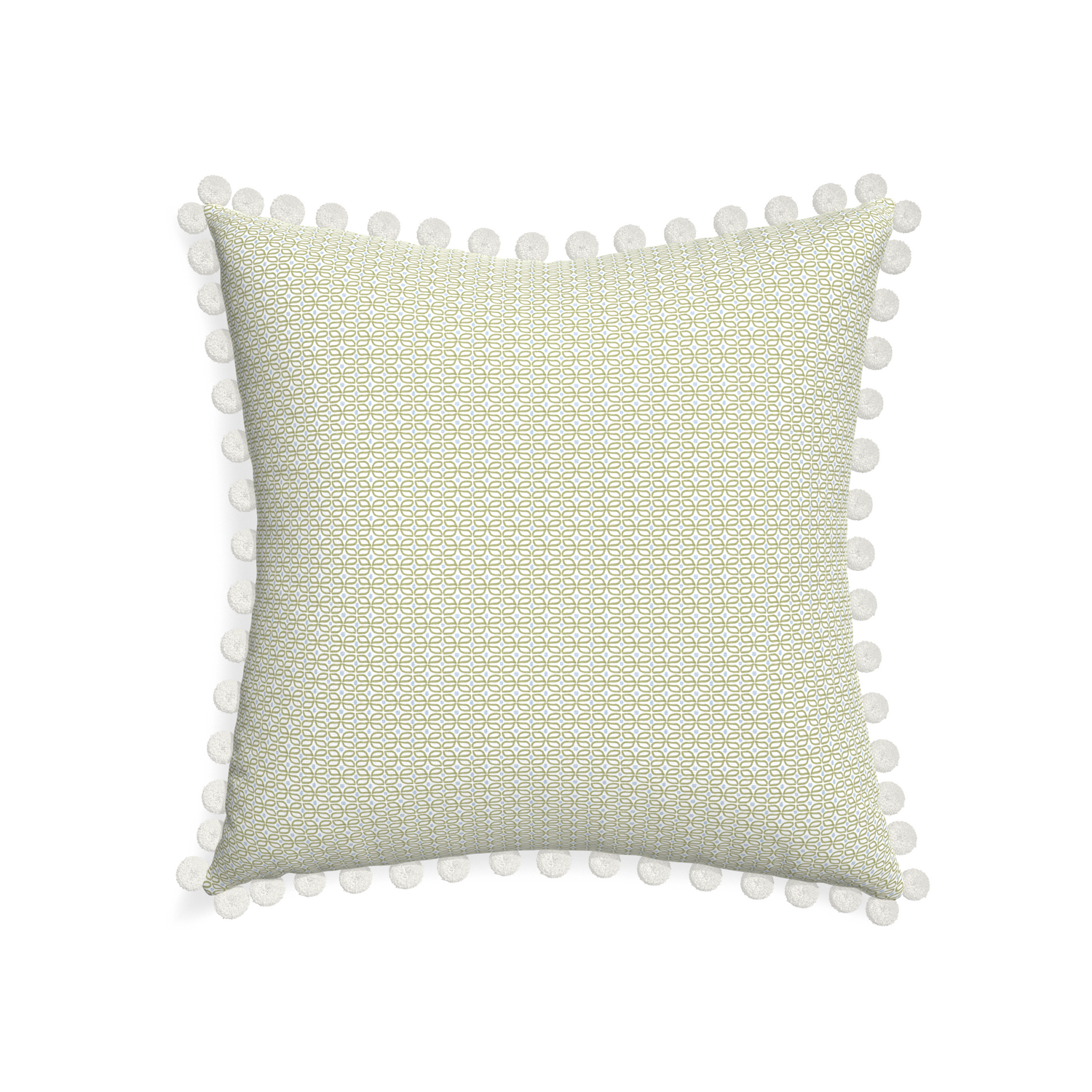 22-square loomi moss custom moss green geometricpillow with snow pom pom on white background