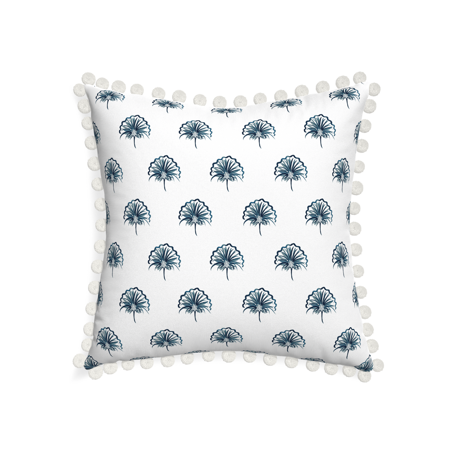 22-square penelope midnight custom floral navypillow with snow pom pom on white background