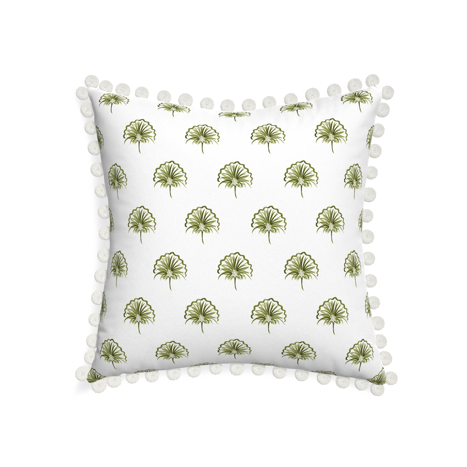22-square penelope moss custom green floralpillow with snow pom pom on white background