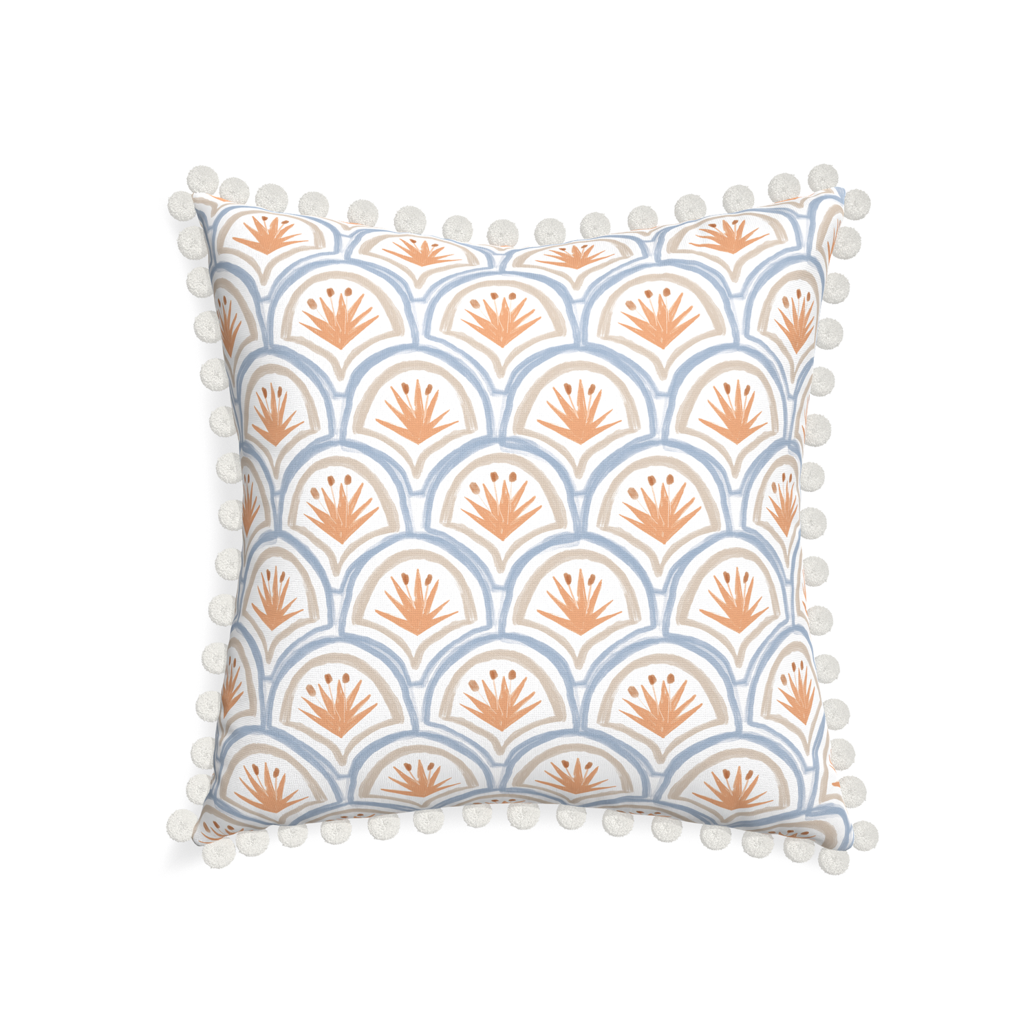 22-square thatcher apricot custom art deco palm patternpillow with snow pom pom on white background