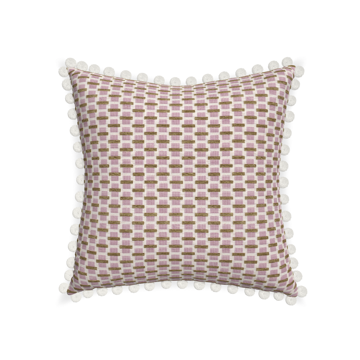 22-square willow orchid custom pink geometric chenillepillow with snow pom pom on white background