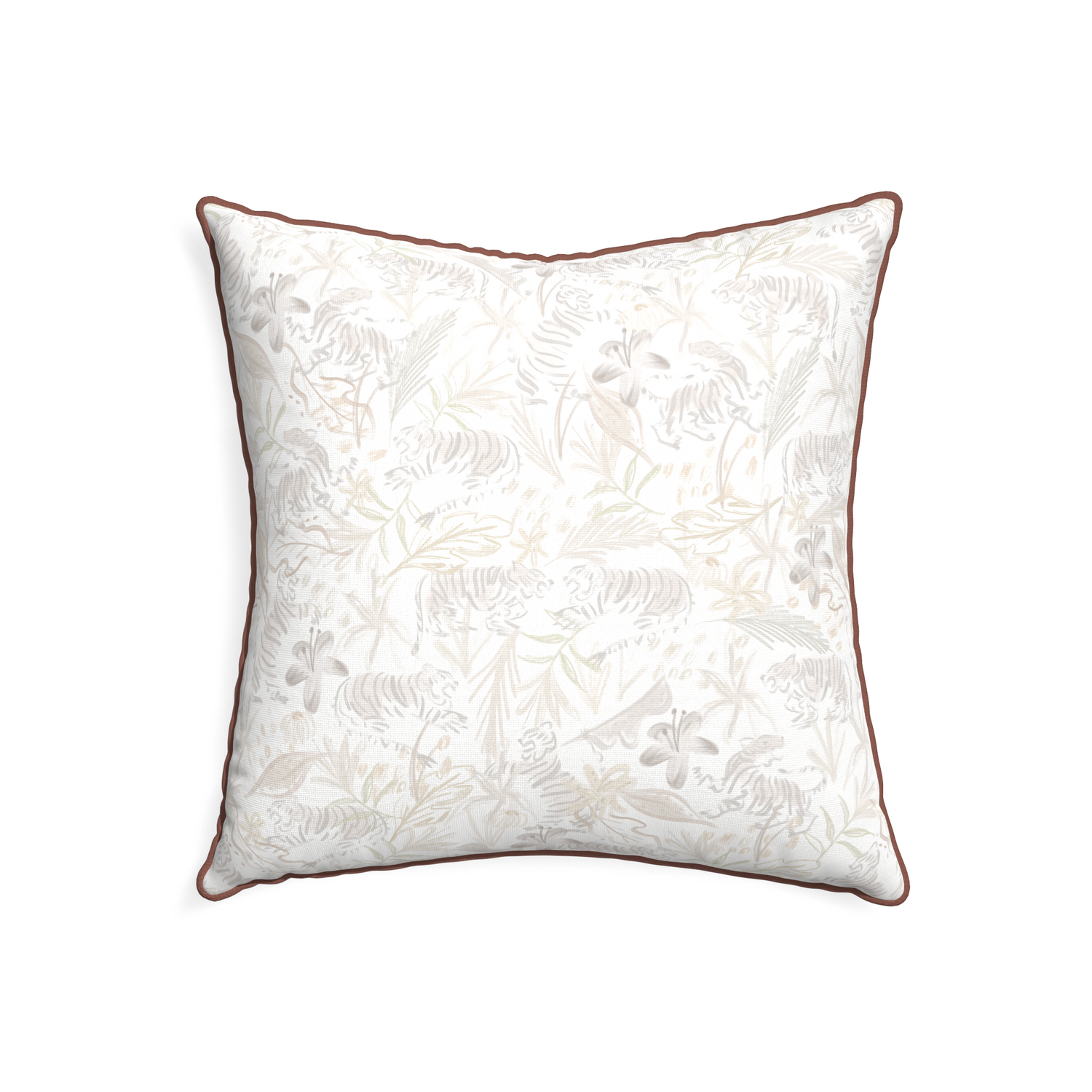 22-square frida sand custom beige chinoiserie tigerpillow with w piping on white background