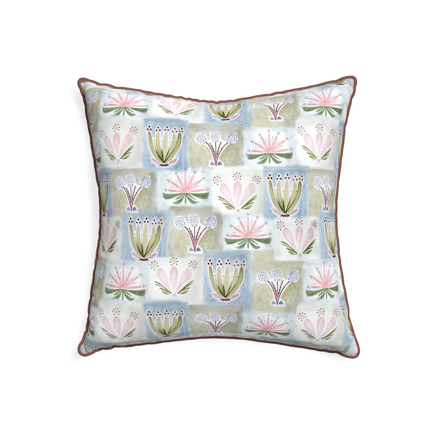 22-square harper custom hand-painted floralpillow with w piping on white background