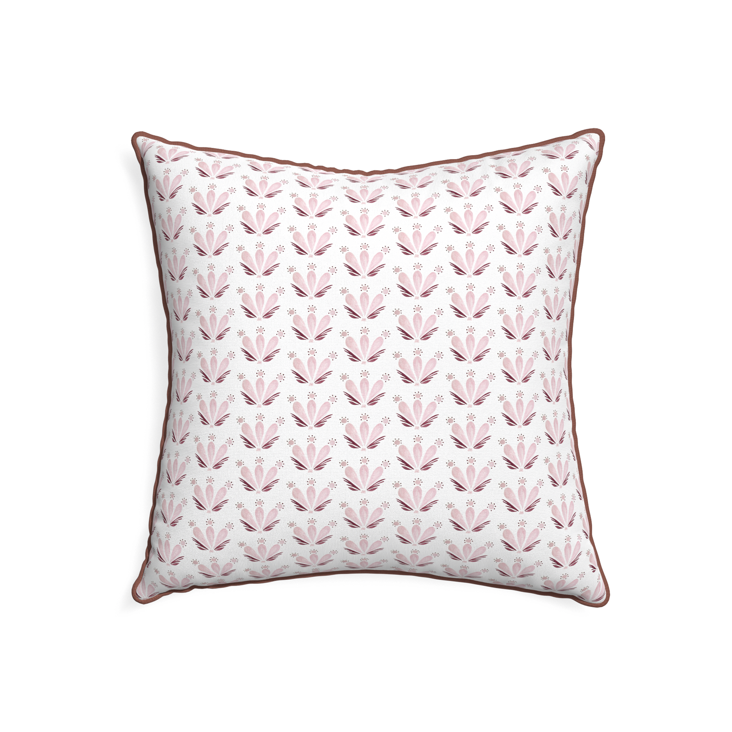 22-square serena pink custom pink & burgundy drop repeat floralpillow with w piping on white background