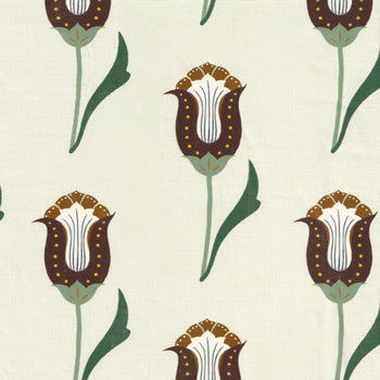 close up of abstract floral maroon and forest green printed wallpaper swatch