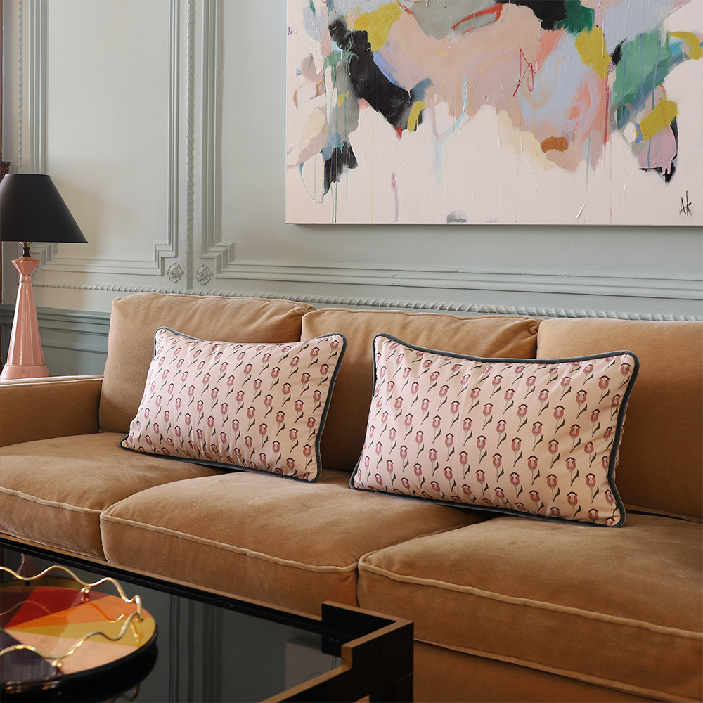 Annabelle Orchid custom cushions with tulip motif in soft pink and green bring timeless elegance by Pepper Home.
