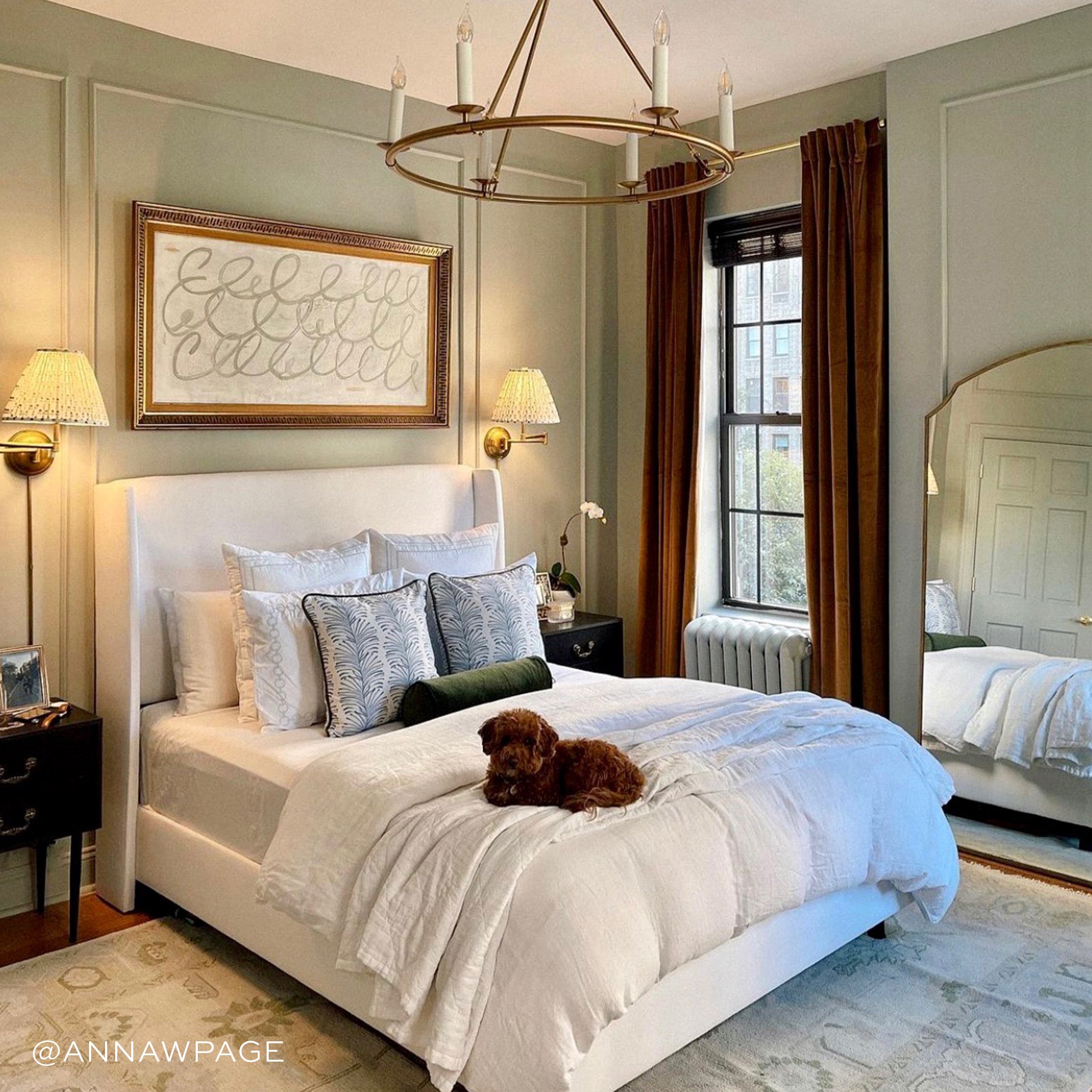 Bedroom styled with two Sky Blue Botanical Stripe Printed Pillows on white bed with brown dog on top and brown velvet curtains by window on the side next to mirror. Photo taken by Anna W Page