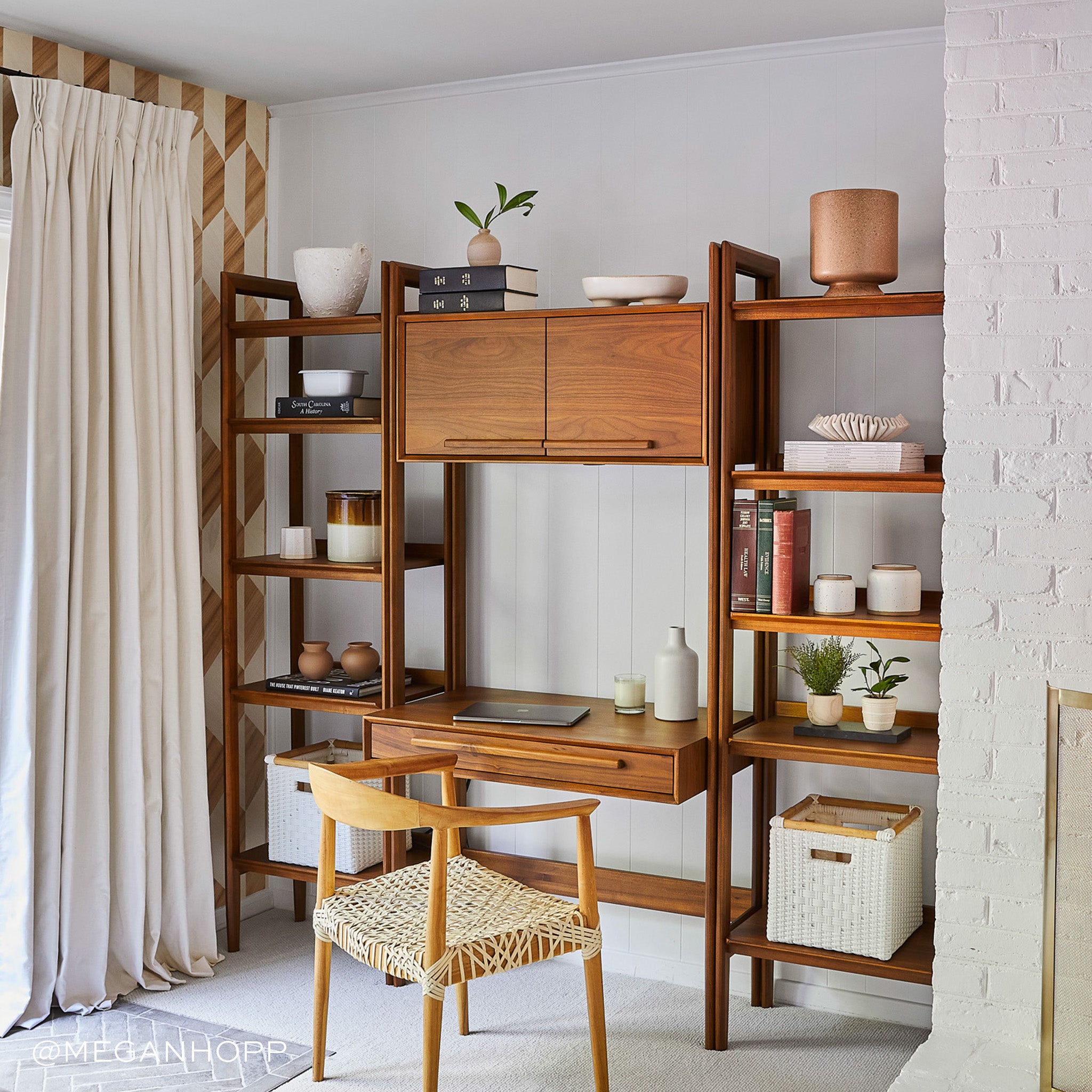Office corner window styled with Natural White Linen Curtains next to wooden furniture. Photo taken by Megan Hopp