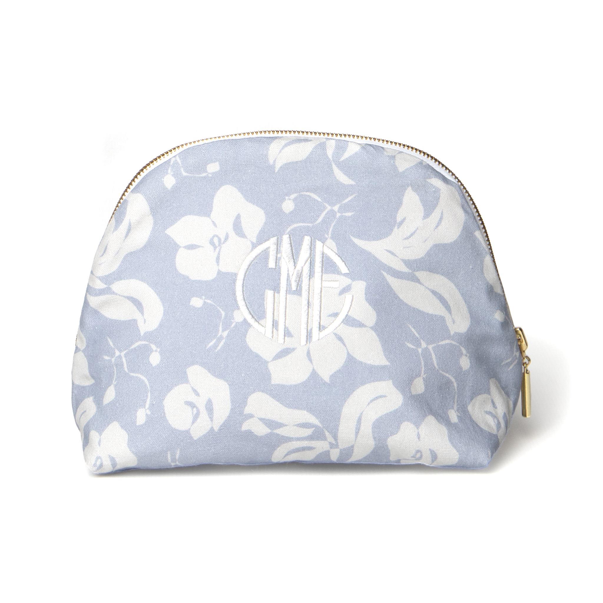 Cornflower Blue Floral Printed Monogrammed Pouch with gold zipper