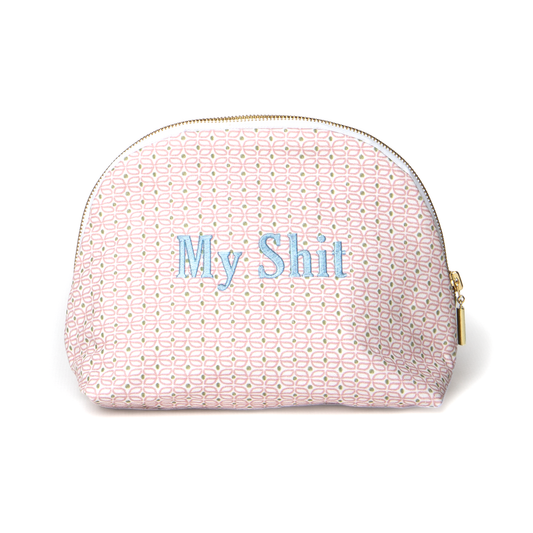 Pink Geometric Printed Monogrammed Pouch with gold zipper