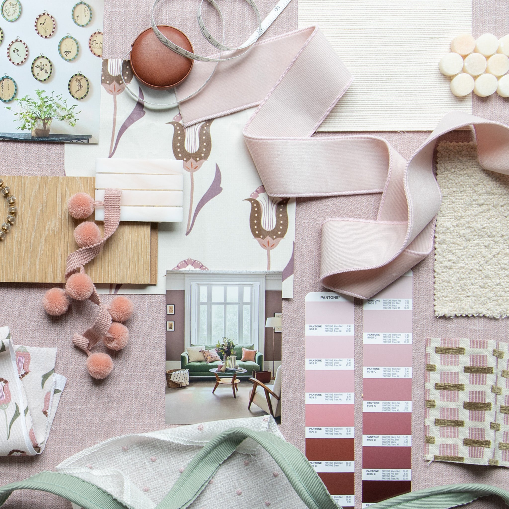 interior design mood board and fabric with pink paint swatches, chenille fabric swatches, pink trim, and tiles