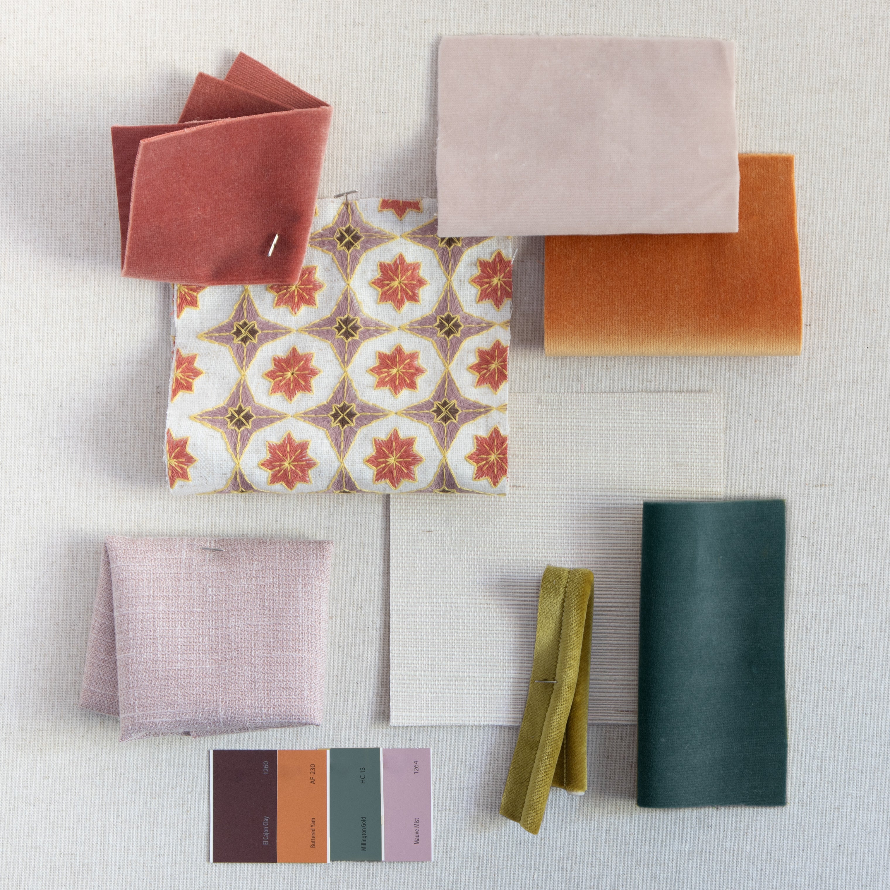 Hayes Coral fabric swatch featuring durable linen blend with intricate embroidery and geometric pattern by Pepper Home.