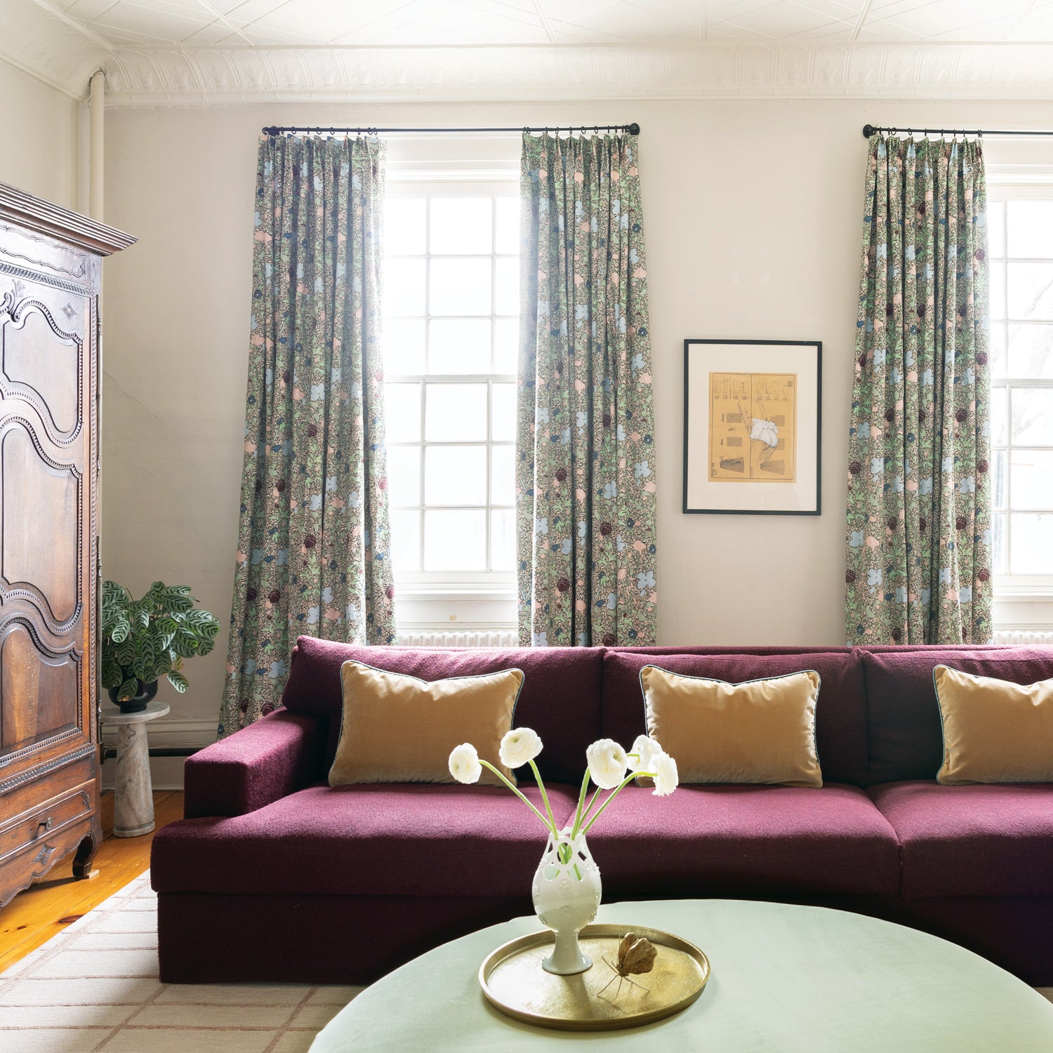 FEATURED: Matilda Curtains / Camel Velvet Pillow & Fern Piping.