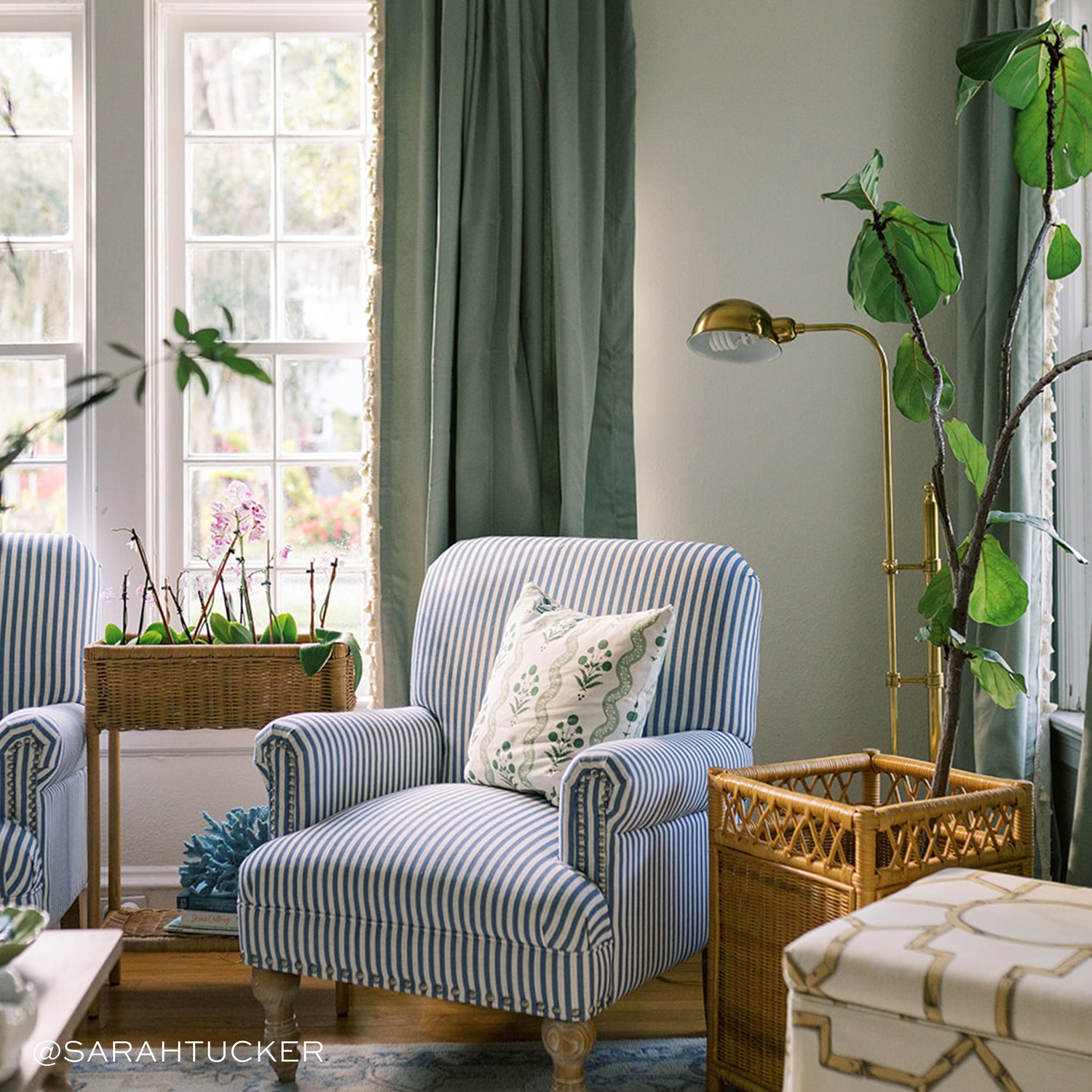 Beige Botanical Stripe Printed Curtains on metal rod in front of an illuminated window with Blue Velvet chair with white flowers in vase on top of stacked books