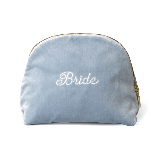 Sky Velvet Monogrammed Pouch with gold zipper
