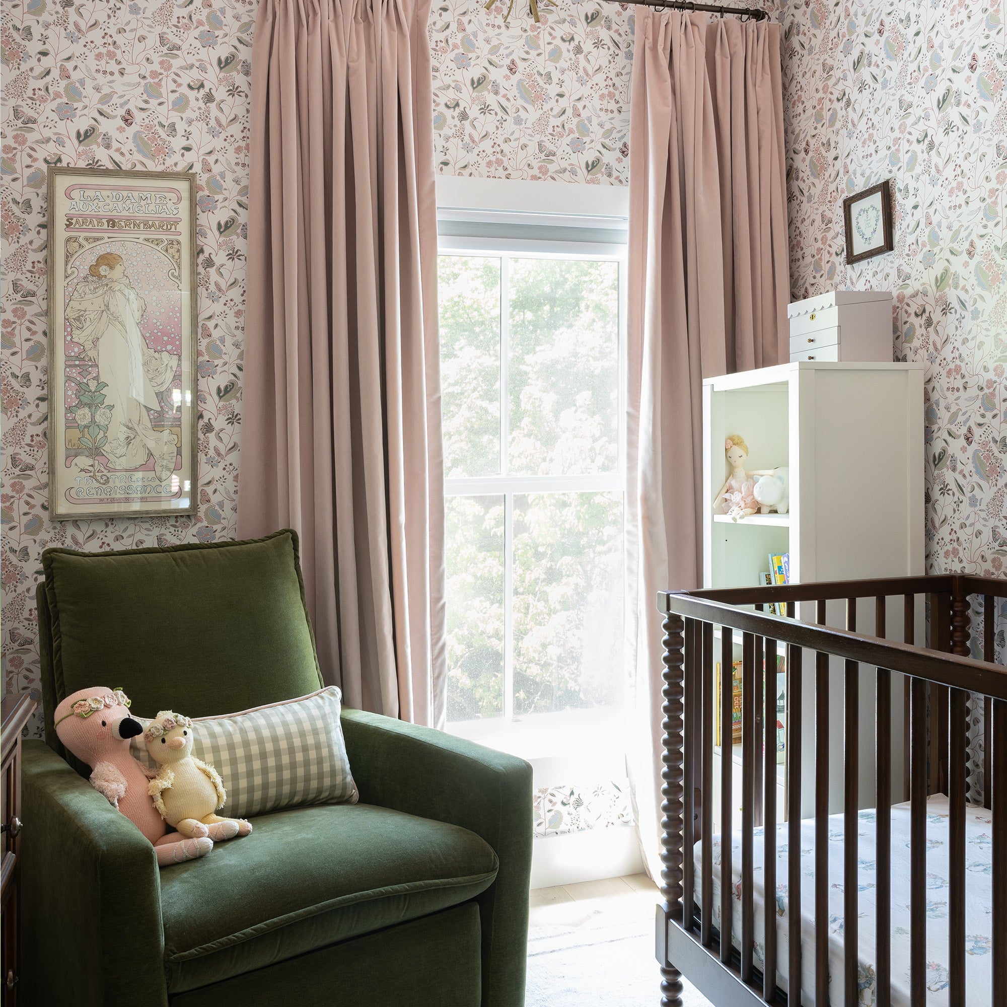 Rose Velvet custom curtains in Millennial Pink add warmth and style to a cozy nursery space by Pepper Home.