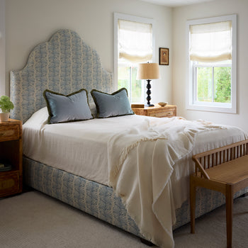 Walnut Velvet pillows with dark trim on bed in bright room, made-to-order with fast turnaround and USA craftsmanship
