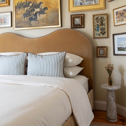 Hudson Bed in Camel Velvet fabric with elegant curved silhouette, inviting a custom touch for your room by Pepper Home.