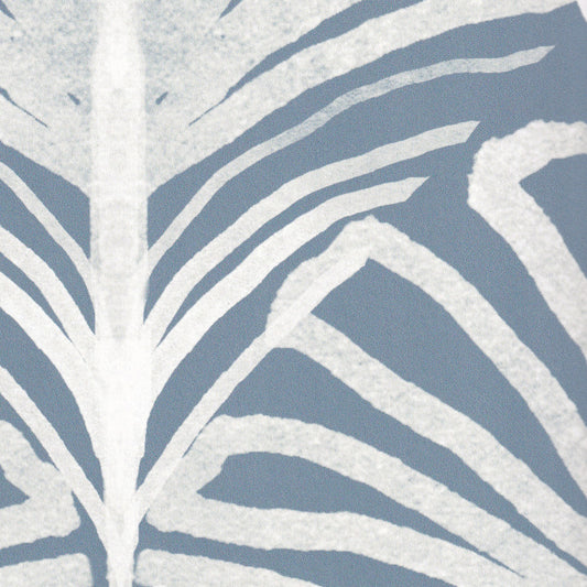 Close-up of Suzy Steel custom curtain fabric by Pepper Home featuring hand-painted palm and scallop pattern in steel blue.