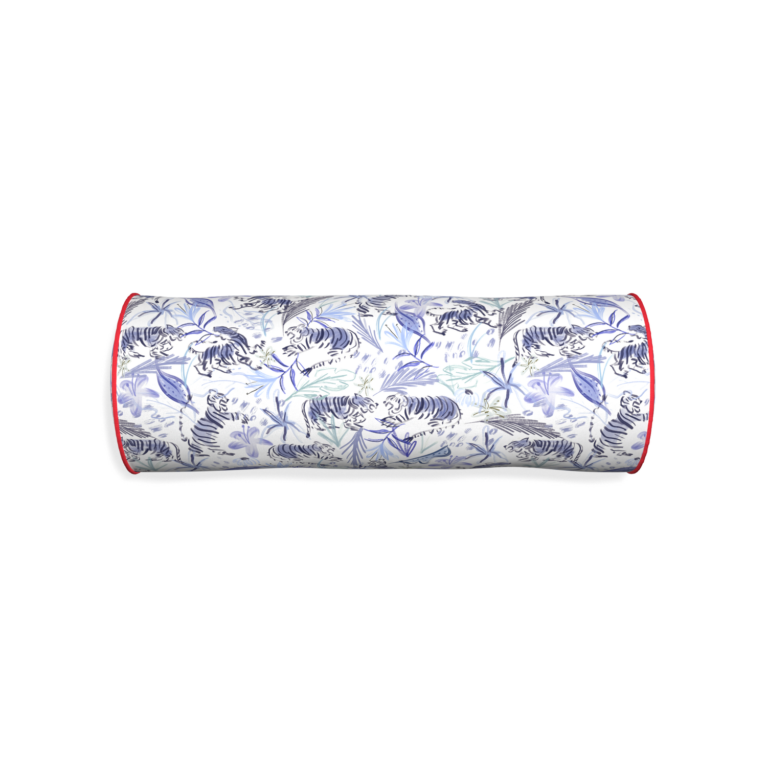 Bolster frida blue custom blue with intricate tiger designpillow with cherry piping on white background