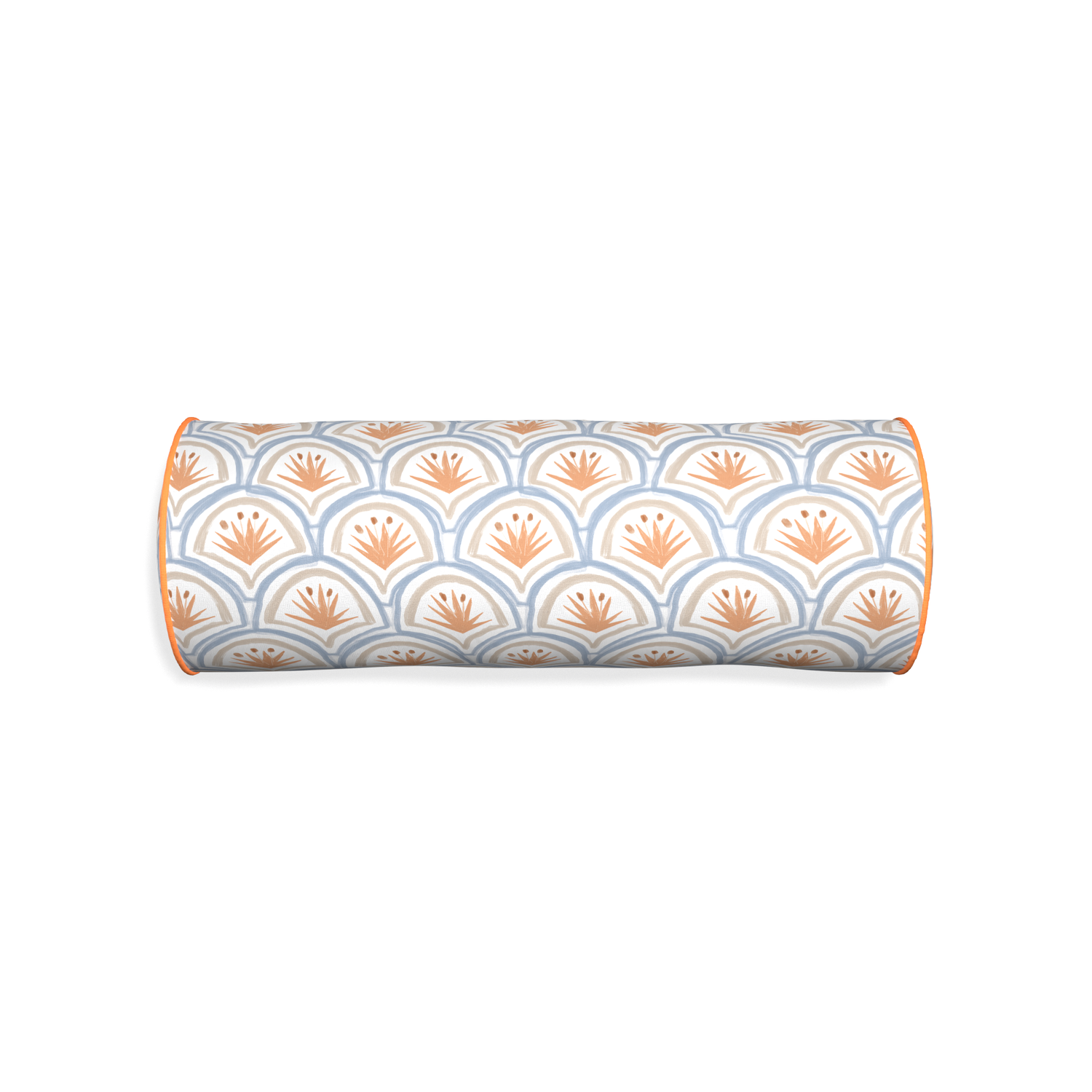 Bolster thatcher apricot custom art deco palm patternpillow with clementine piping on white background