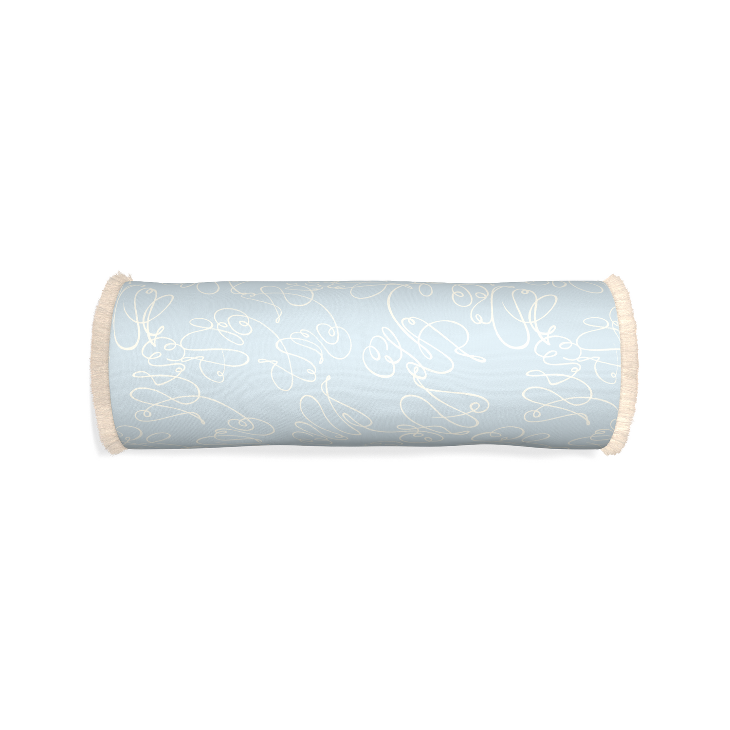 Bolster mirabella custom powder blue abstractpillow with cream fringe on white background