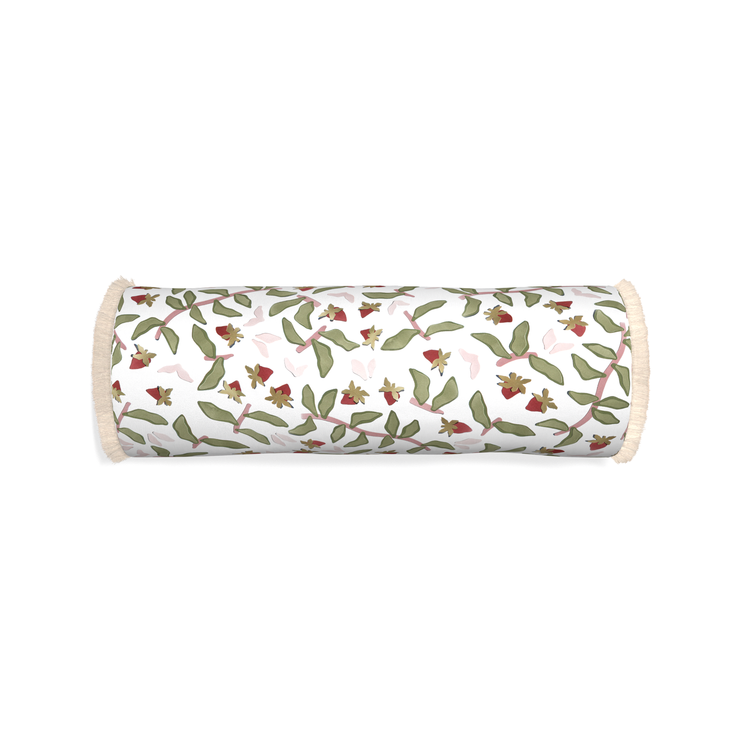 Bolster nellie custom strawberry & botanicalpillow with cream fringe on white background