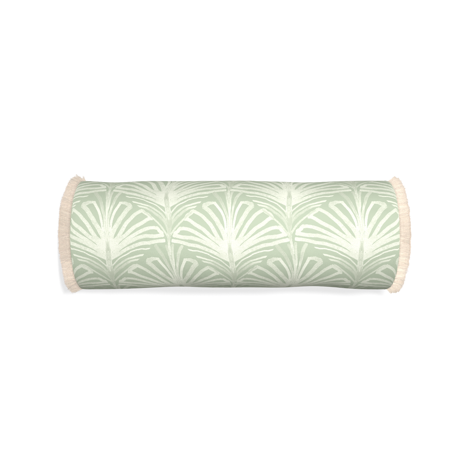 Bolster suzy sage custom sage green palmpillow with cream fringe on white background