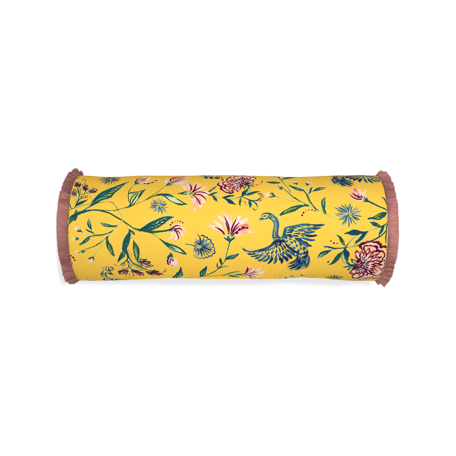 Bolster daphne canary custom yellow chinoiseriepillow with d fringe on white background