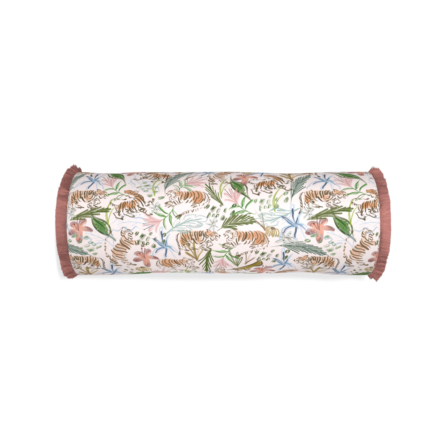 Bolster frida pink custom pink chinoiserie tigerpillow with d fringe on white background