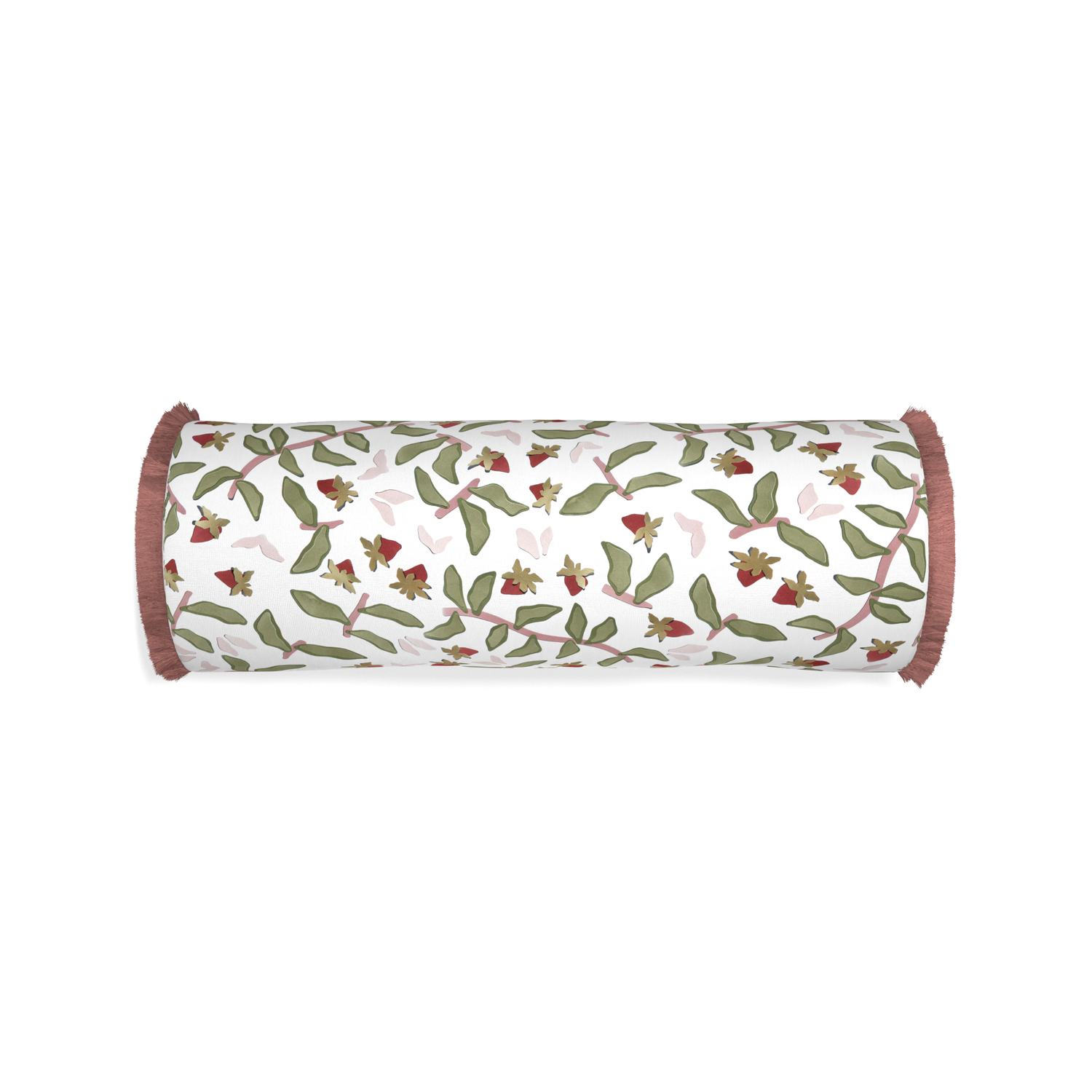 Bolster nellie custom strawberry & botanicalpillow with d fringe on white background