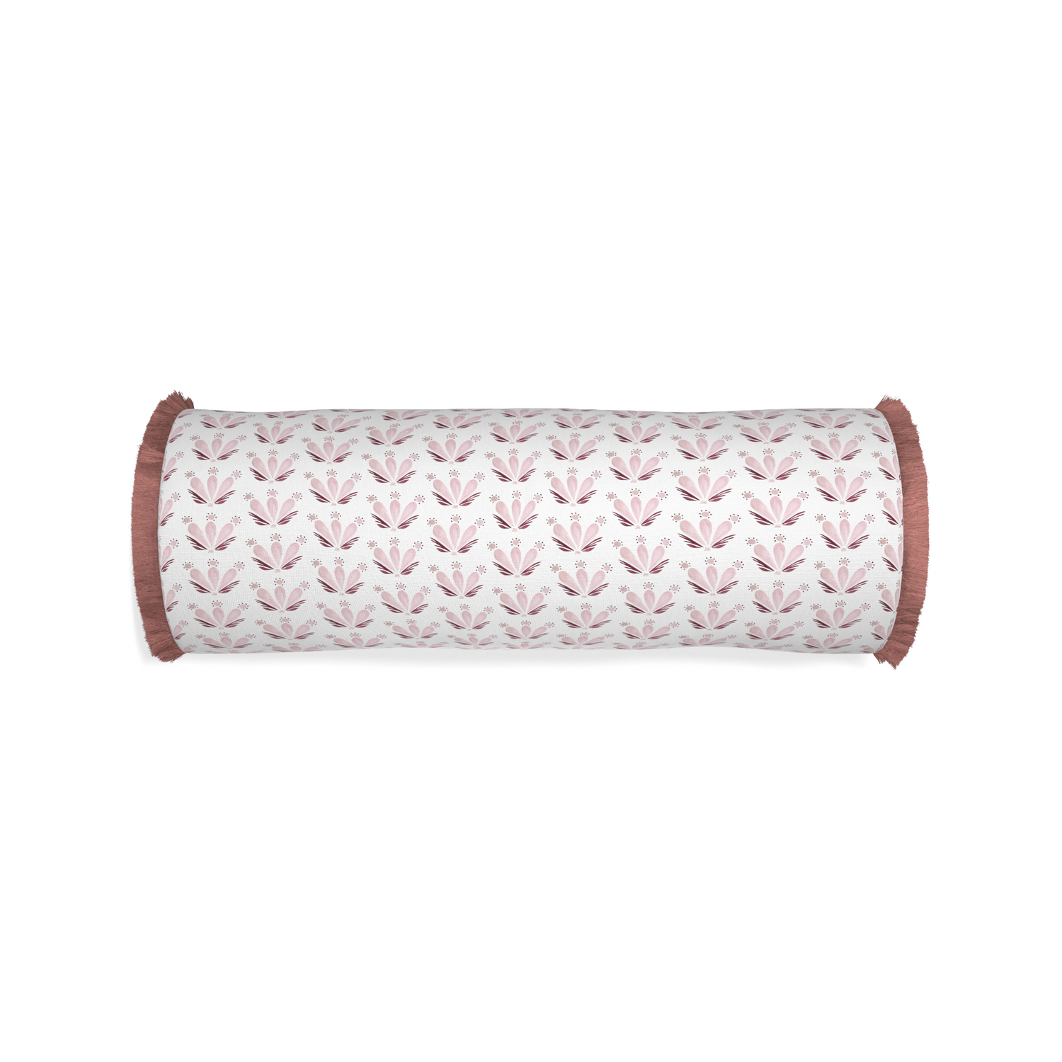 Bolster serena pink custom pink & burgundy drop repeat floralpillow with d fringe on white background