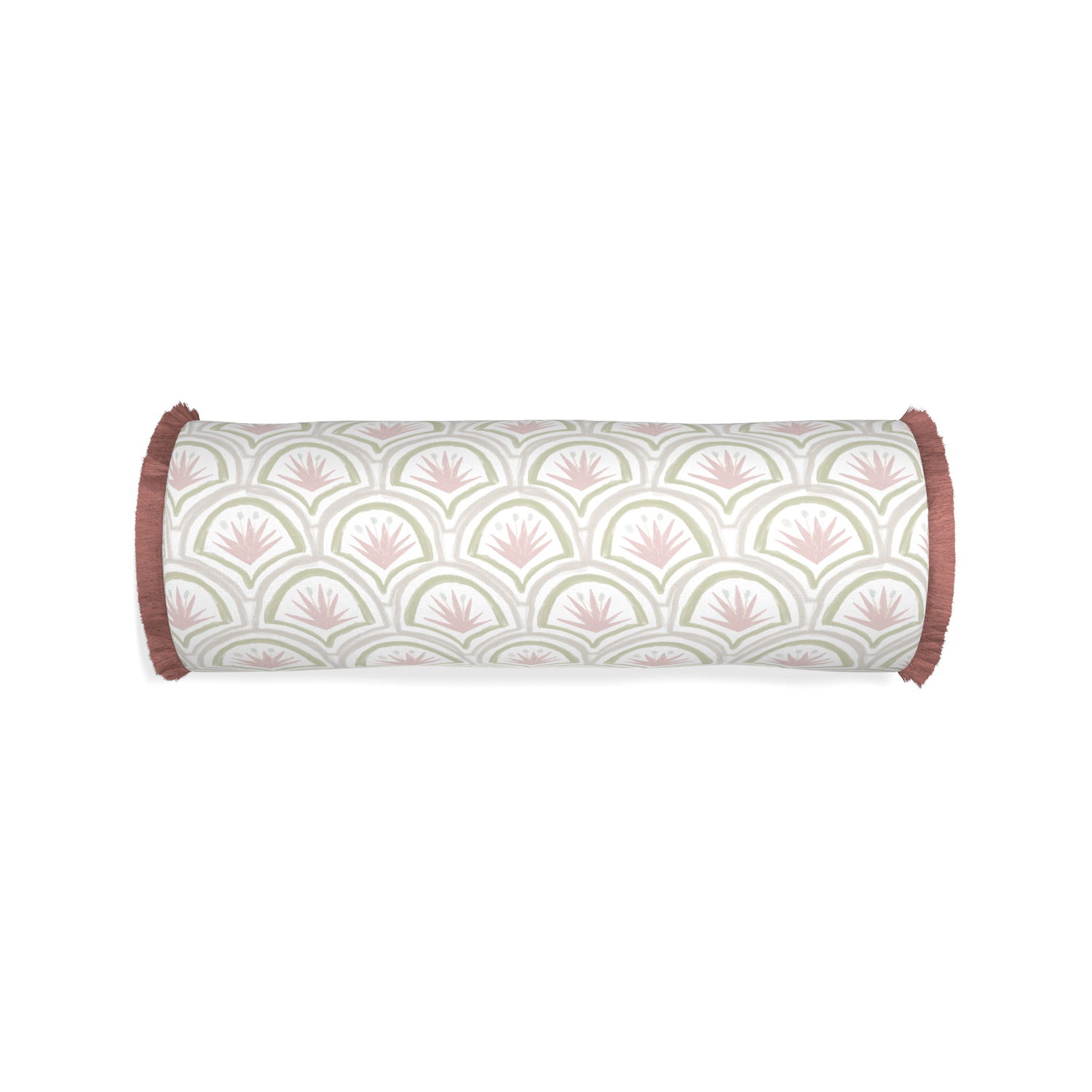 Bolster thatcher rose custom pink & green palmpillow with d fringe on white background
