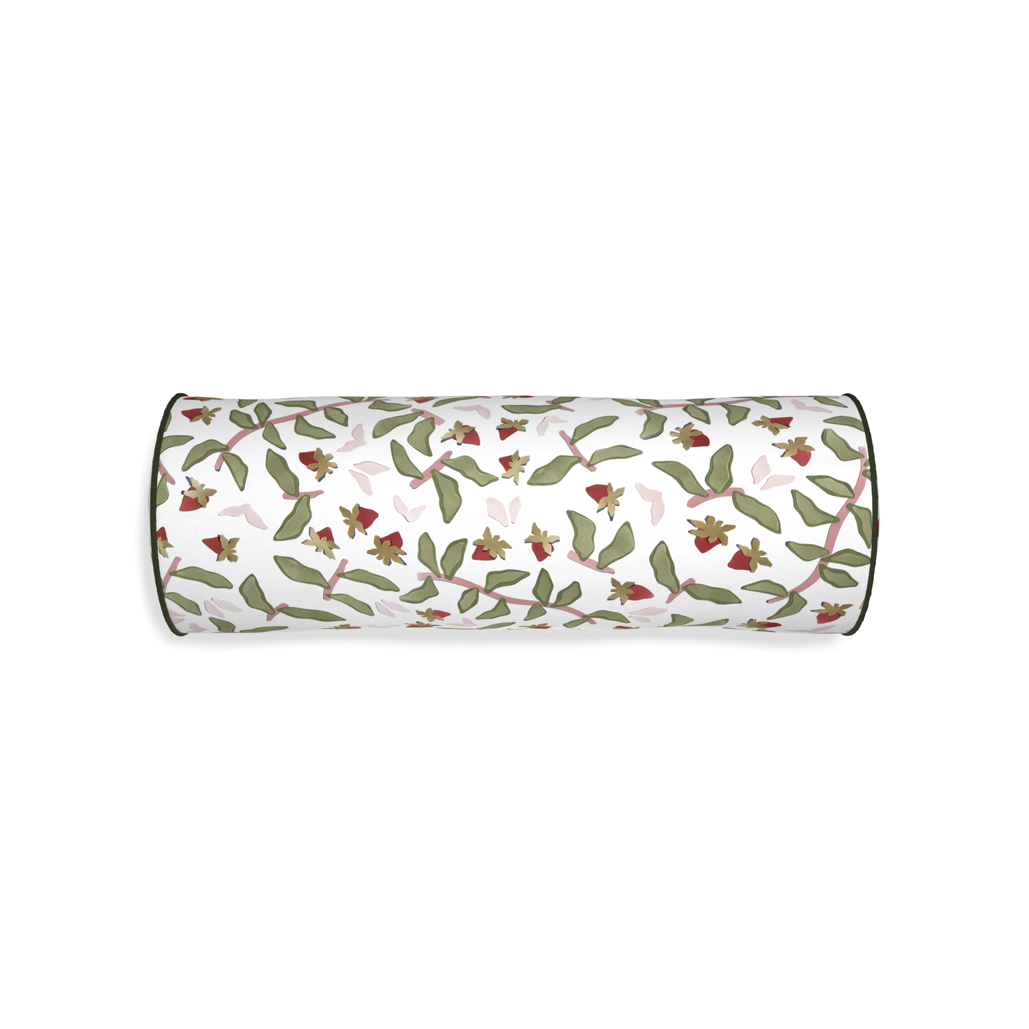 Bolster nellie custom strawberry & botanicalpillow with f piping on white background