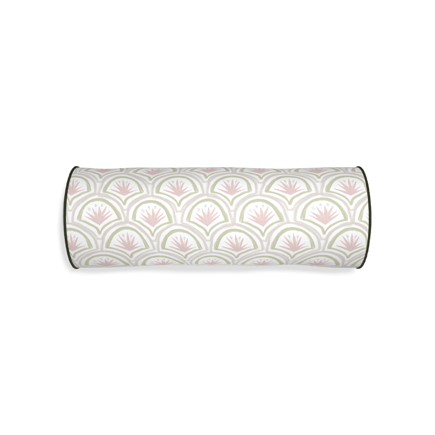 Bolster thatcher rose custom pink & green palmpillow with f piping on white background
