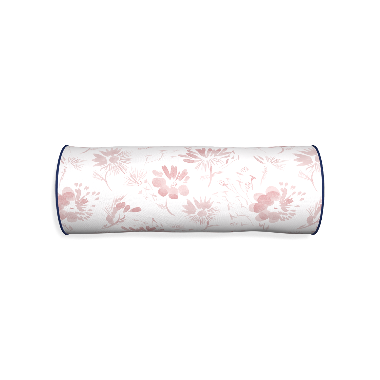 Bolster blake custom pink floralpillow with midnight piping on white background