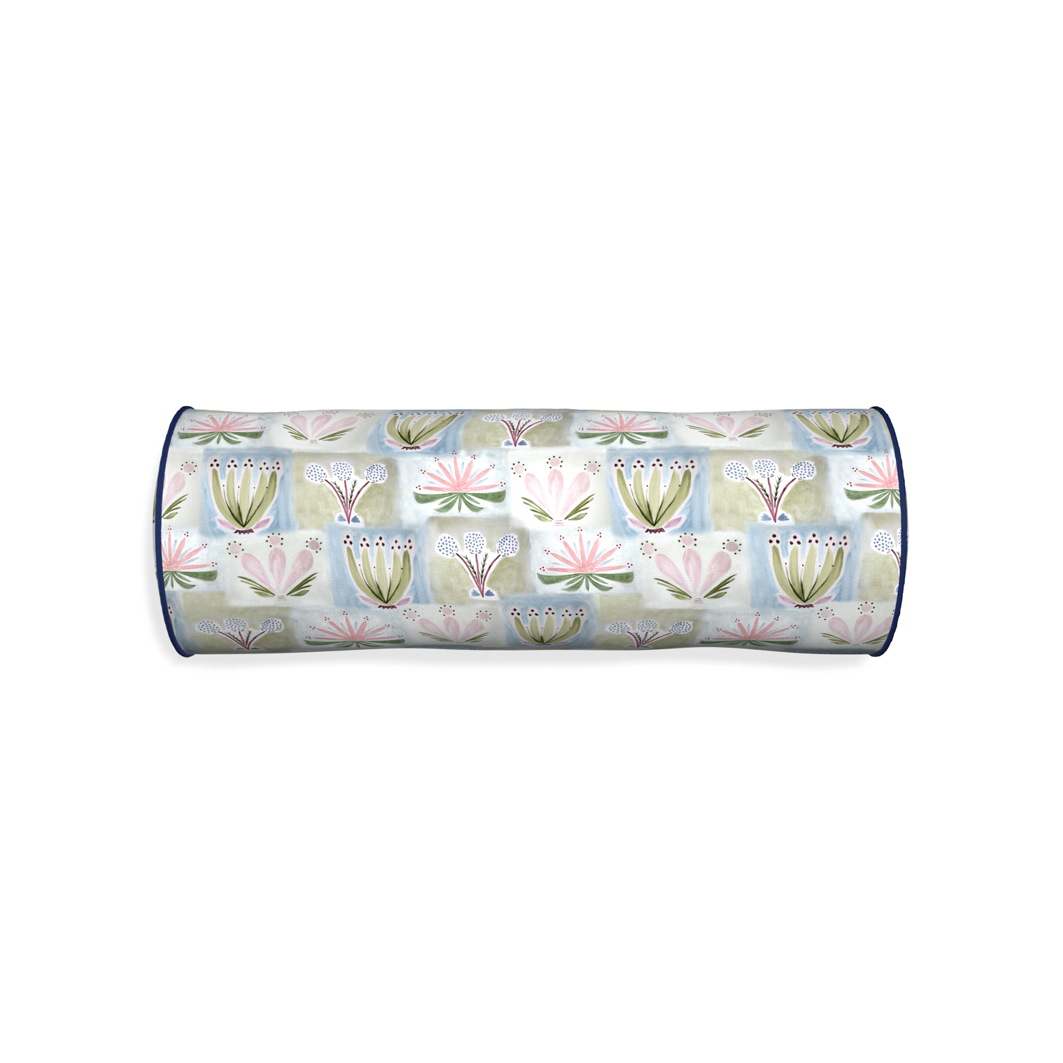 Bolster harper custom hand-painted floralpillow with midnight piping on white background