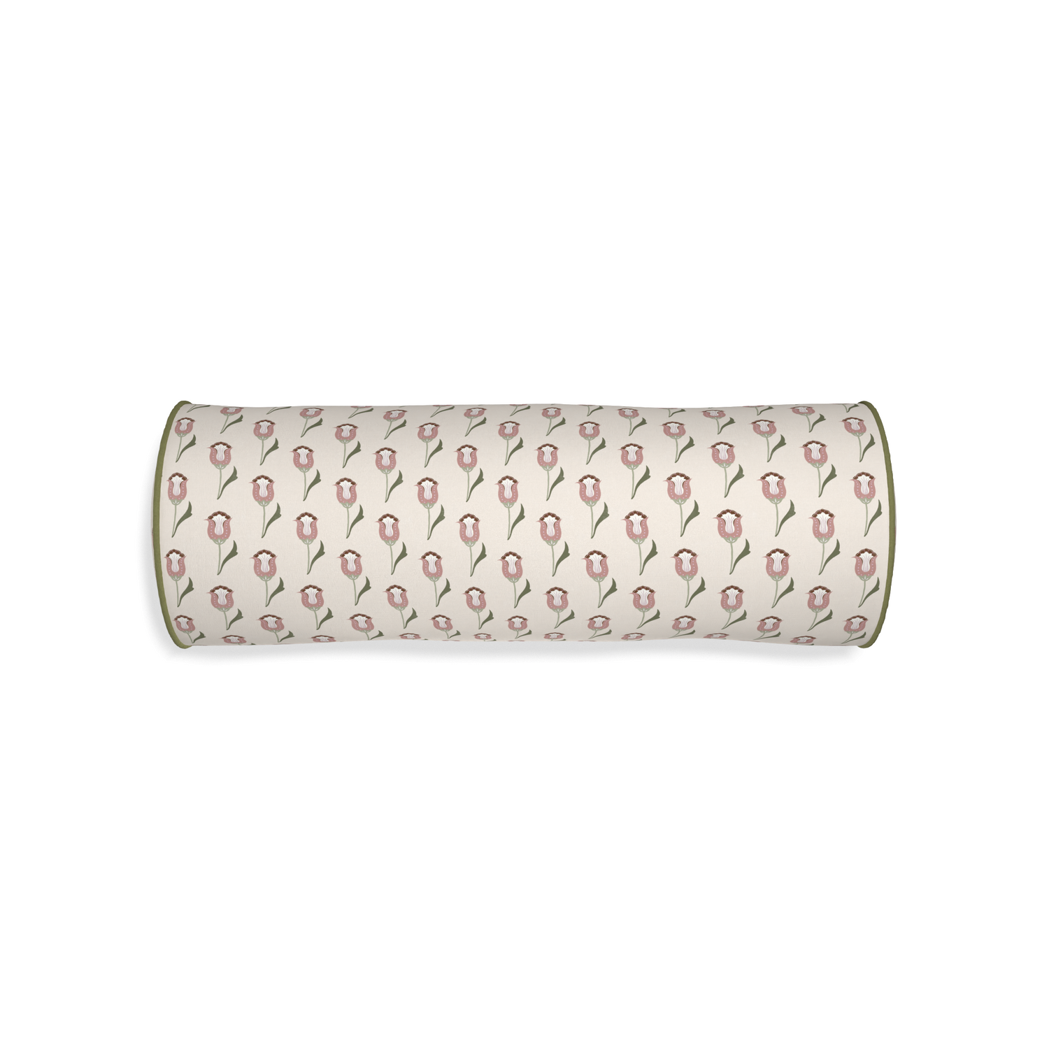 bolster cream pillow with pink tulips and moss green piping