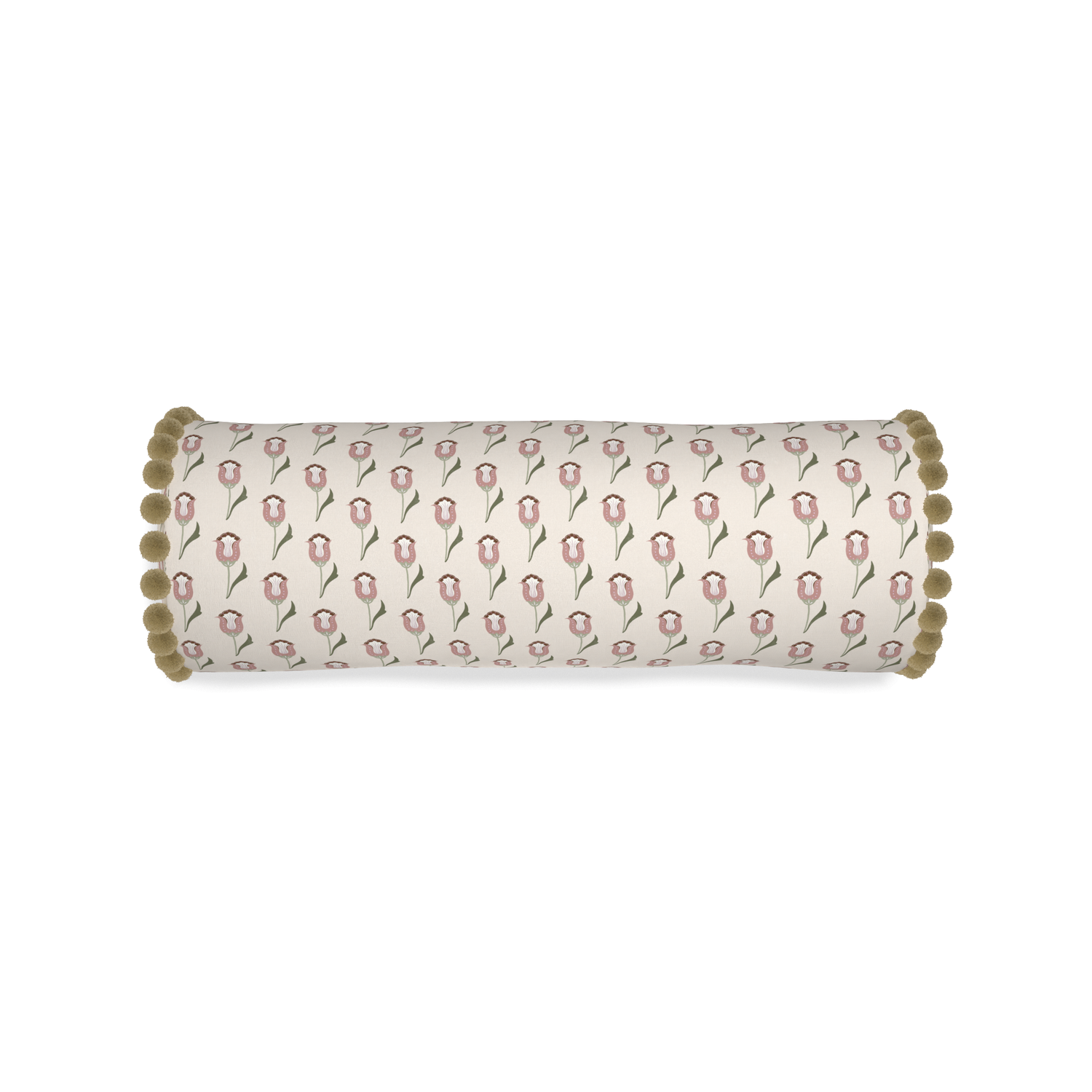 Bolster annabelle orchid custom pink tulippillow with olive pom pom on white background