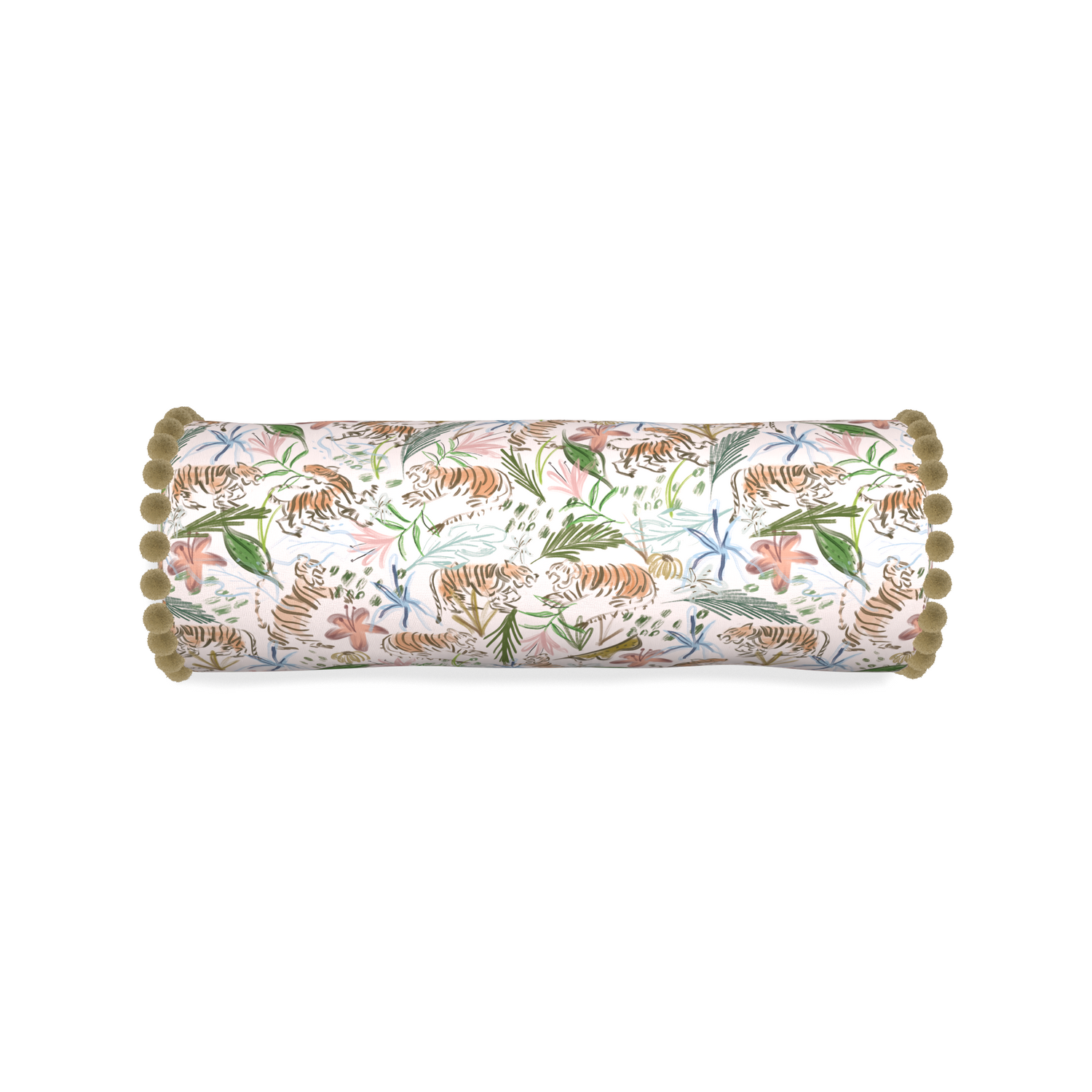 Bolster frida pink custom pink chinoiserie tigerpillow with olive pom pom on white background